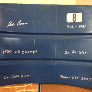 Bob Boone Autographed #8 Veterans Stadium "Stat" Seat Back with Inscriptions