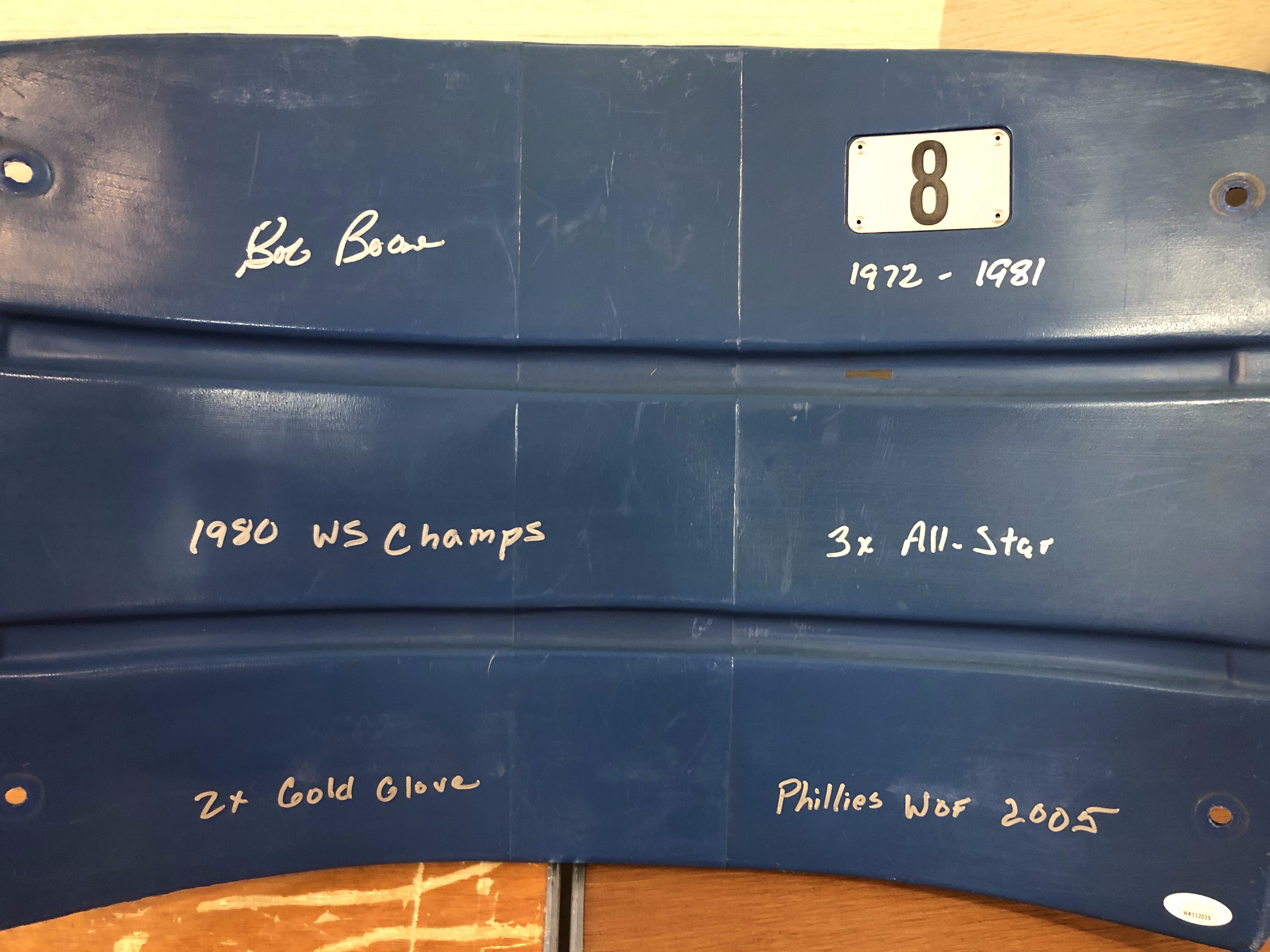 Bob Boone Autographed #8 Veterans Stadium "Stat" Seat Back with Inscriptions