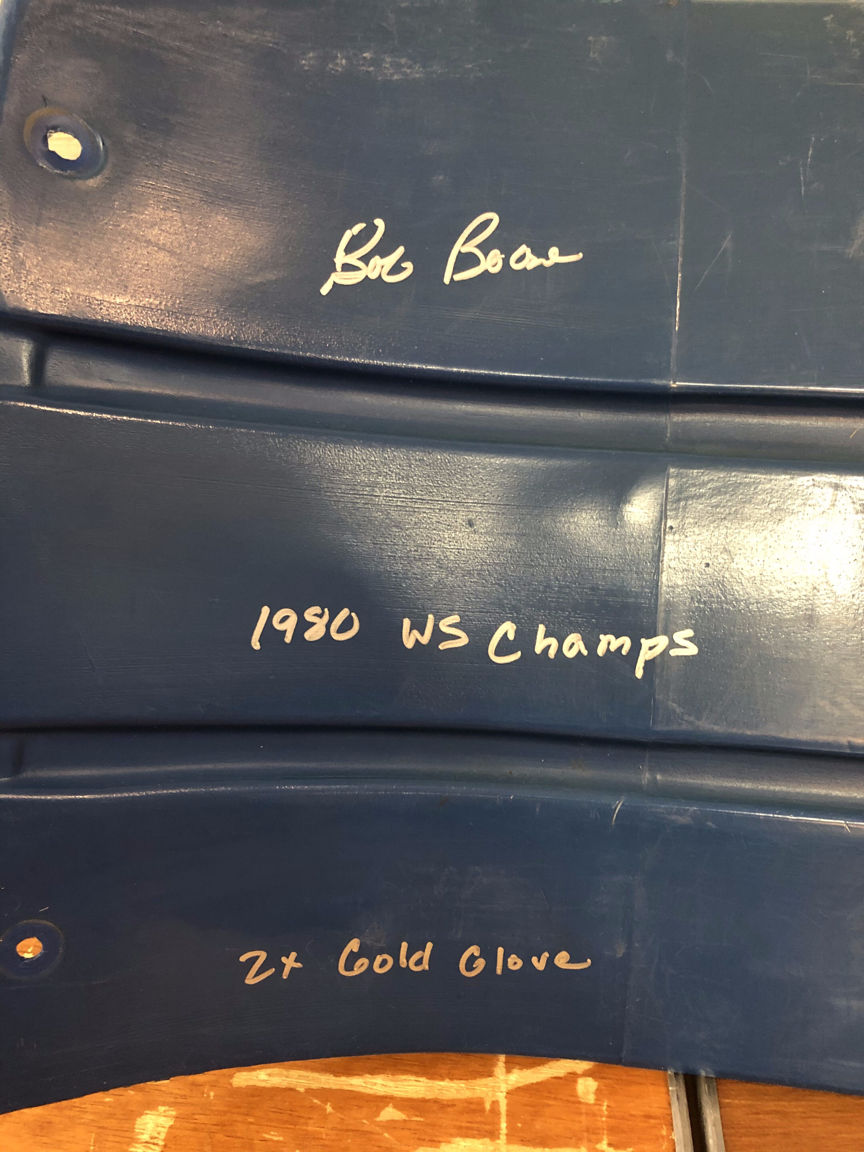 Bob Boone Autographed #8 Veterans Stadium "Stat" Seat Back with Inscriptions - Image 2