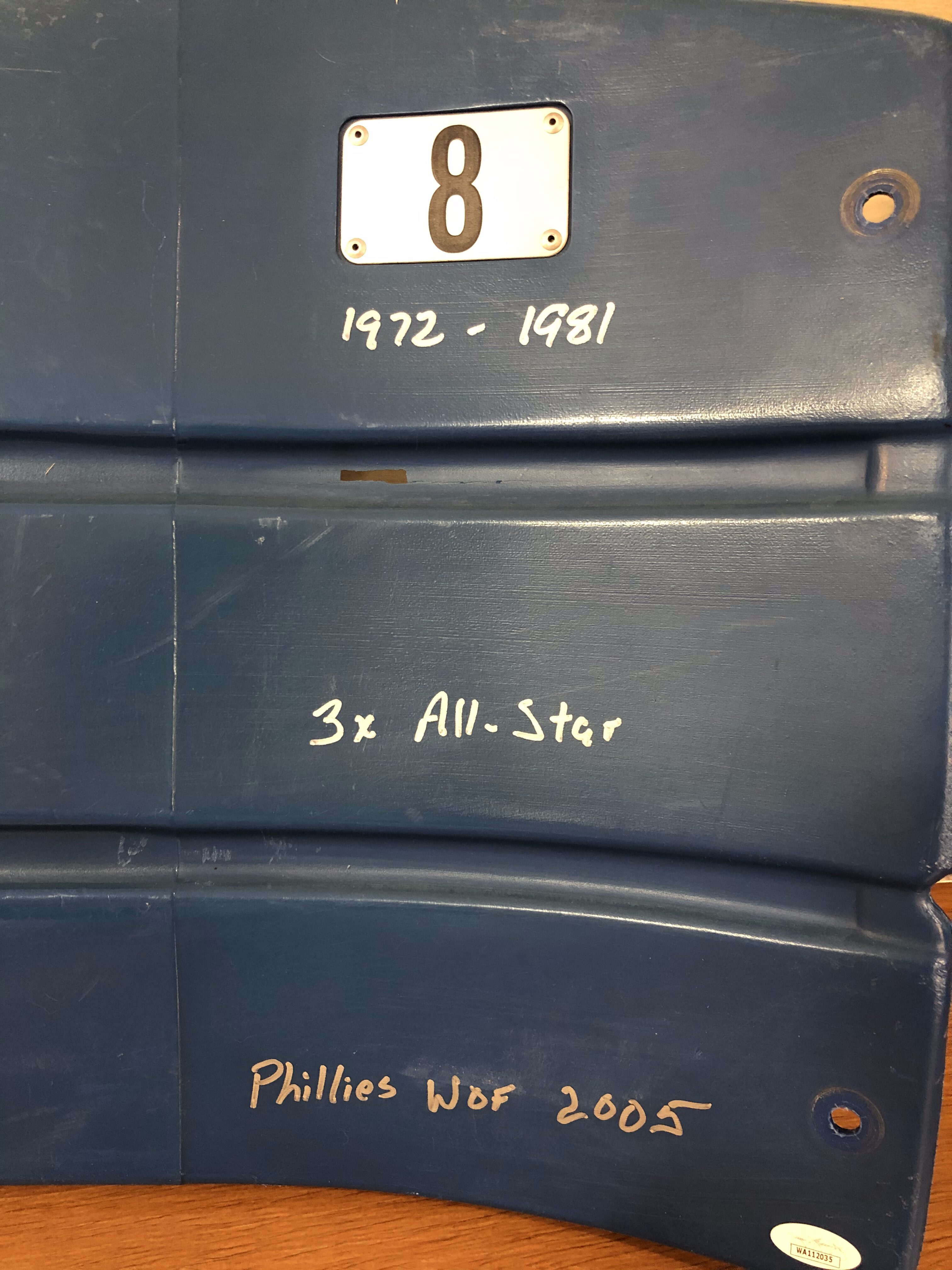 Bob Boone Autographed #8 Veterans Stadium "Stat" Seat Back with Inscriptions - Image 3