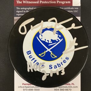 Pat LaFontaine Autographed Buffalo Sabres Hockey Puck with HOF 2003 Inscription