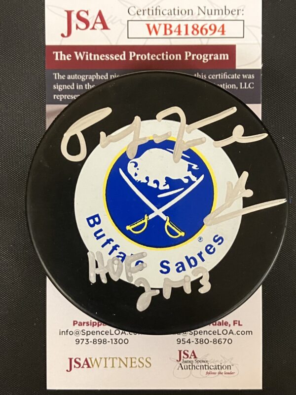 Pat LaFontaine Autographed Buffalo Sabres Hockey Puck with HOF 2003 Inscription
