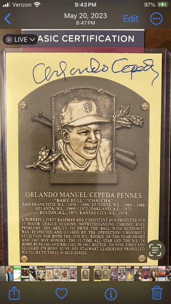 Orlando Cepeda Autographed Hall of Fame Postcard