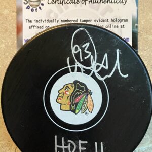 Doug Gilmour Autographed Chicago Blackhawks Hockey Puck with Inscription