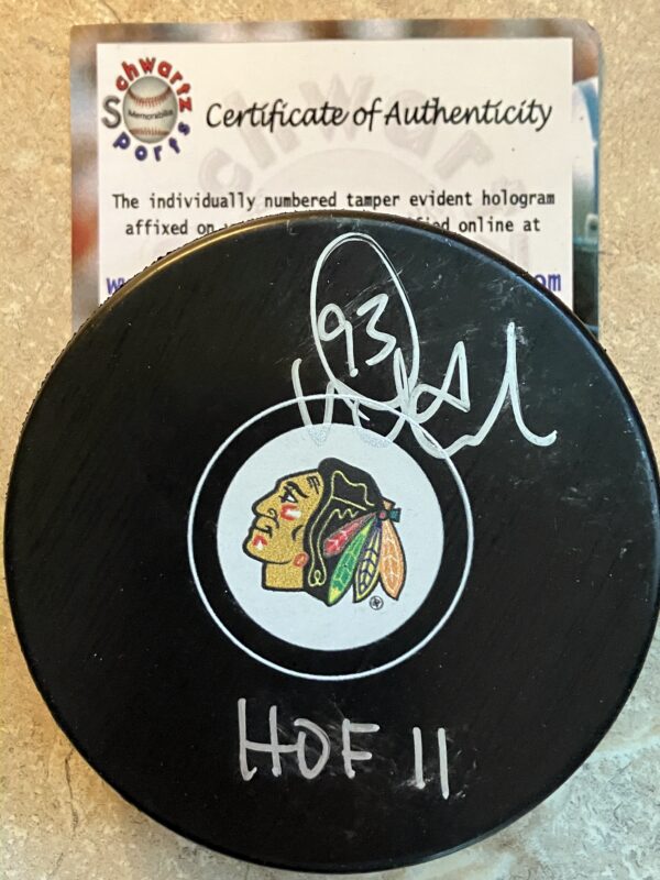 Doug Gilmour Autographed Chicago Blackhawks Hockey Puck with Inscription