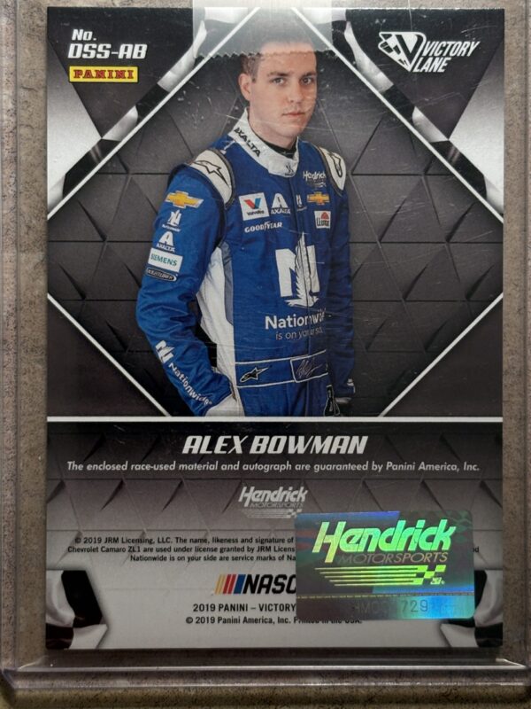 Alex Bowman Autographed 2019 Panini Victory Lane Auto/Relic Card - Image 2